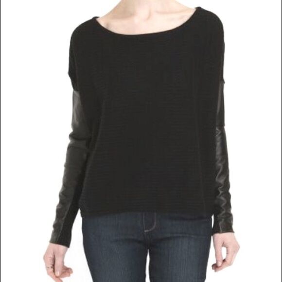 PJK PATTERSON J KINCAID Leather Sleeve Pullover Sweater - Picture 1 of 9